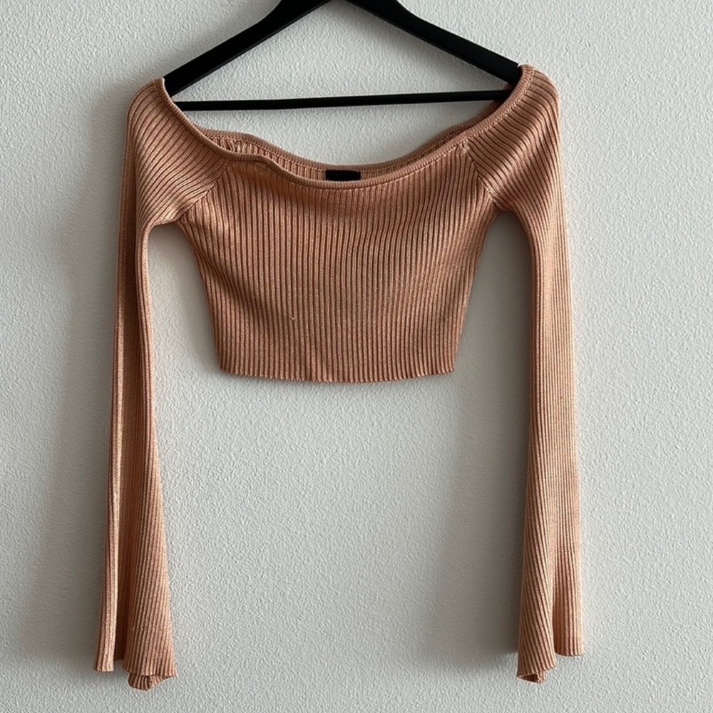 NBD Light Brown Crop Off Shoulder Sweater